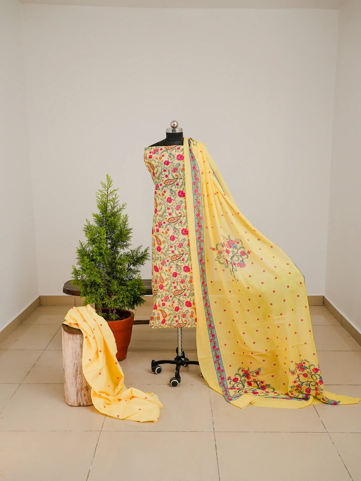 Mughal FLorals 3 Pcs Kurta Set - Yellow