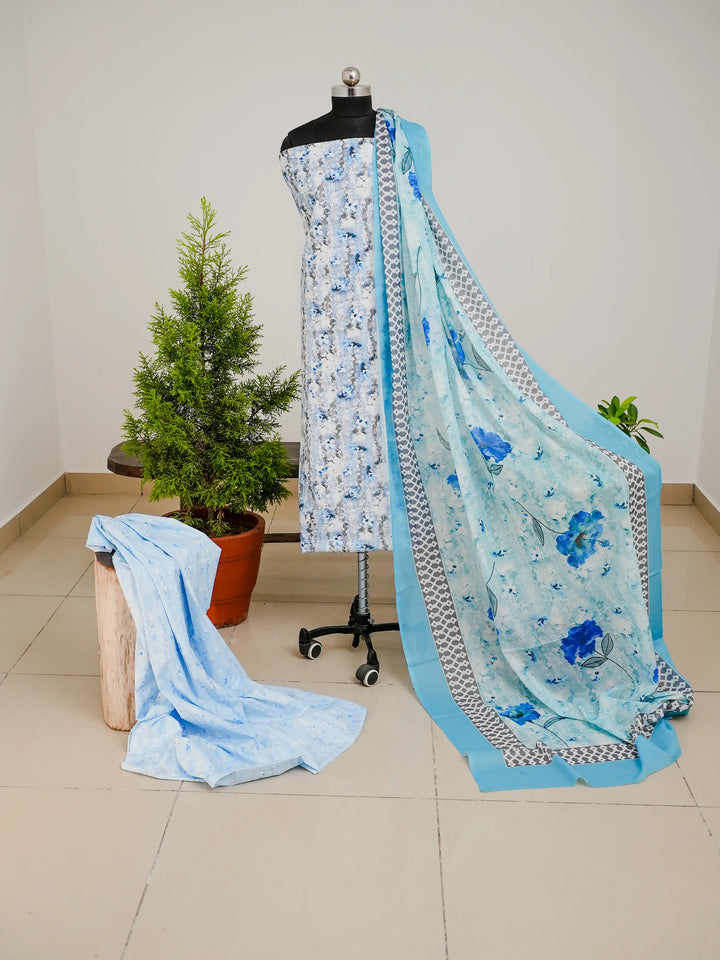 Abstract FLoral 3 Pcs Kurta Set - Blue
