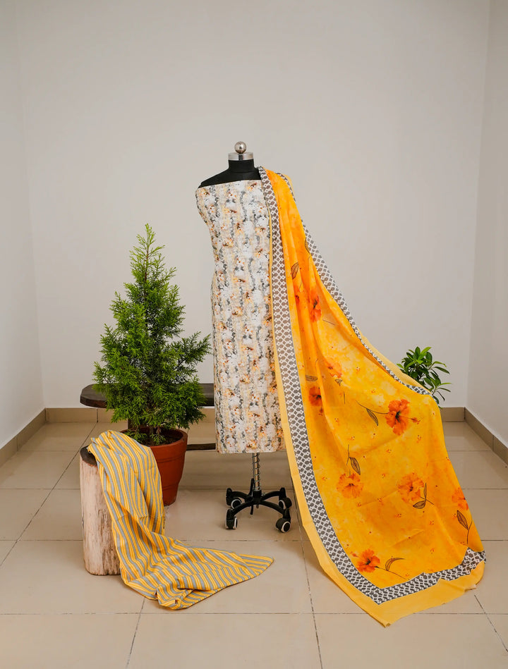 Abstract FLoral 3 Pcs Kurta Set - Yellow