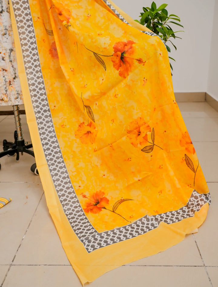 Abstract FLoral 3 Pcs Kurta Set - Yellow