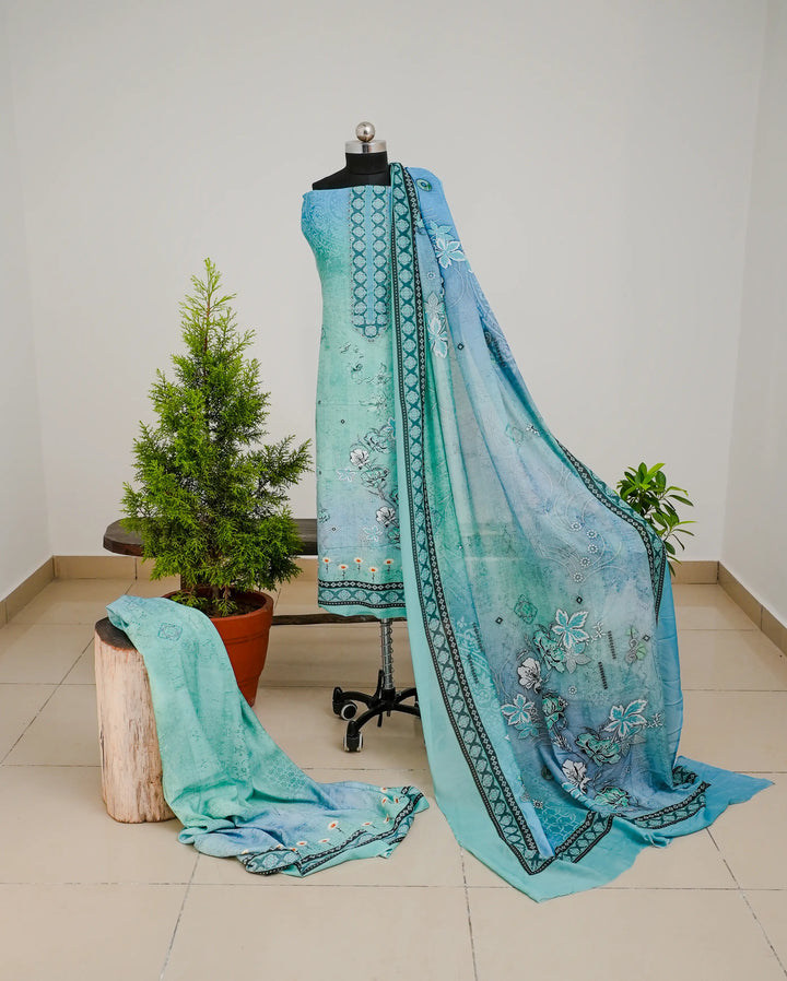 Vintage Floral 3 Pcs Kurta Set - Blue