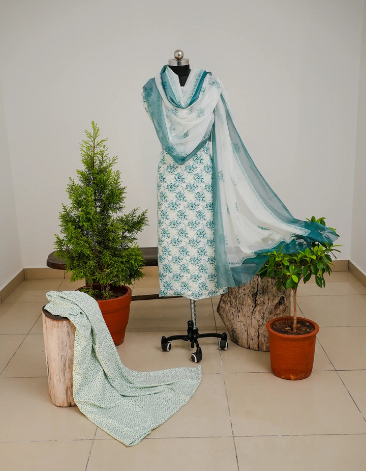 Minimal Florals 3 Pcs Kurta Set - Blue