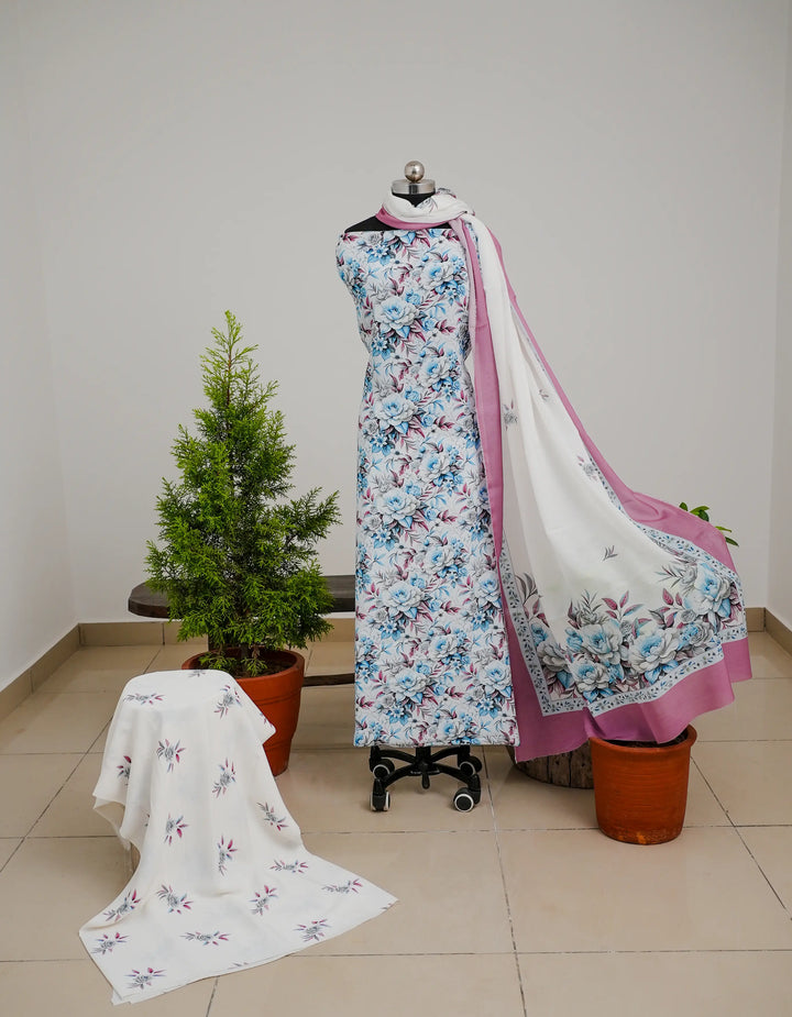 Pink Rose FLoral 3 Pcs Kurta Set - Blue
