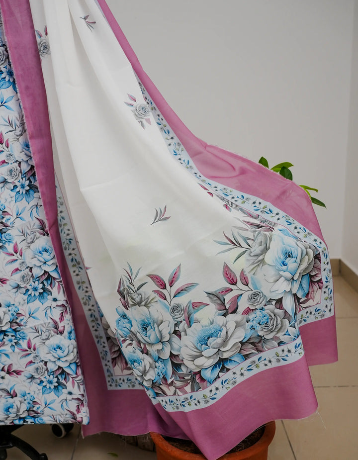 Pink Rose FLoral 3 Pcs Kurta Set - Blue