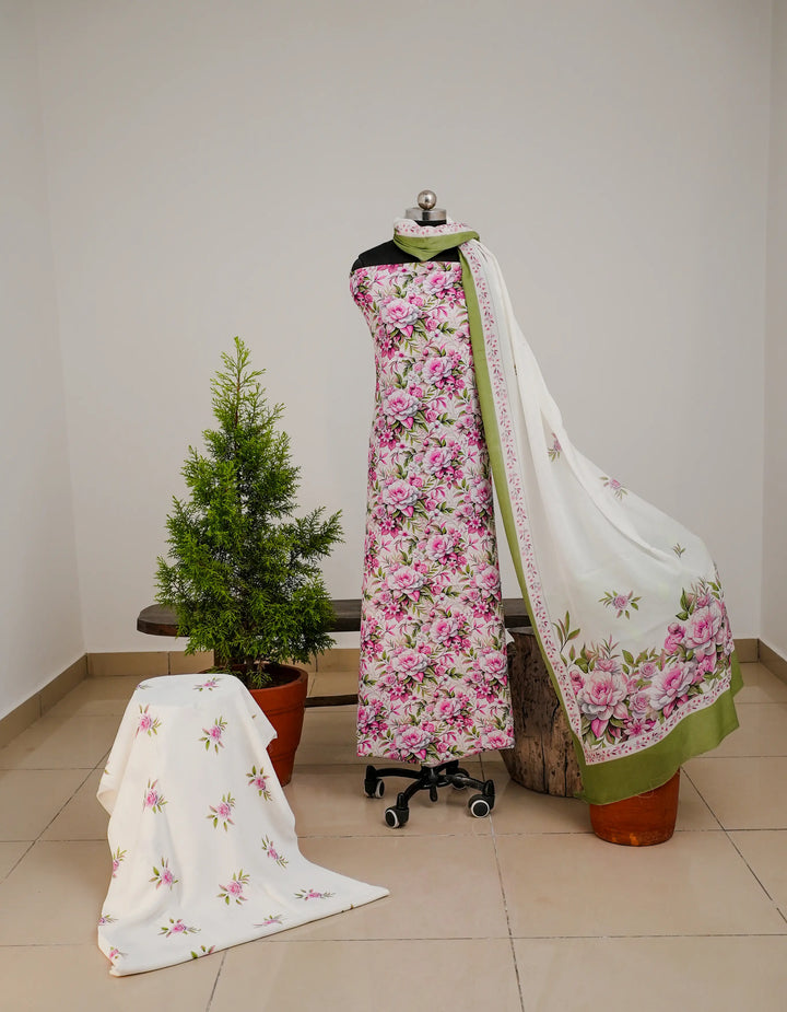 Pink Rose FLoral 3 Pcs Kurta Set - Pink