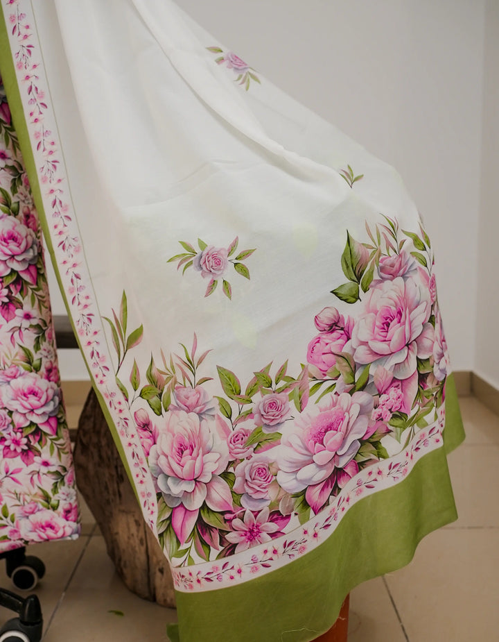 Pink Rose FLoral 3 Pcs Kurta Set - Pink