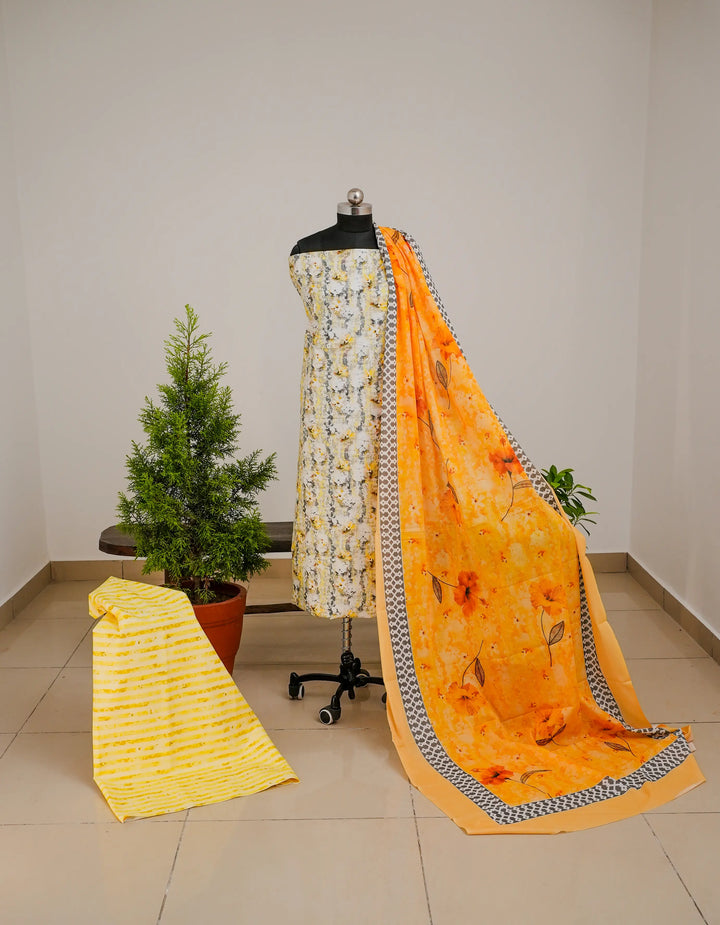 Abstract FLoral 3 Pcs Kurta Set - Lime