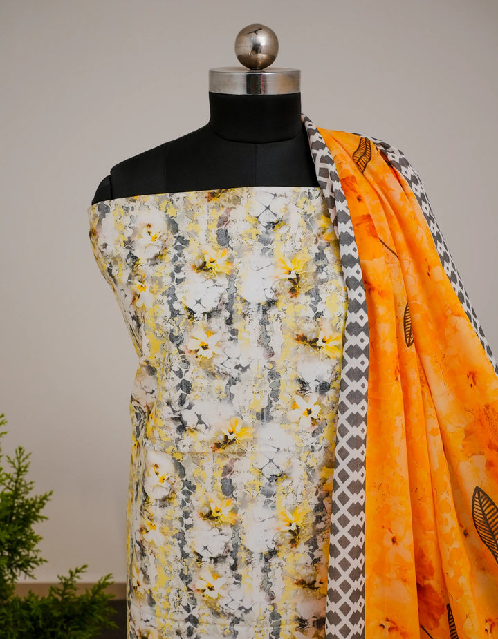 Abstract FLoral 3 Pcs Kurta Set - Lime