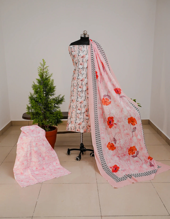 Abstract FLoral 3 Pcs Kurta Set - Pink