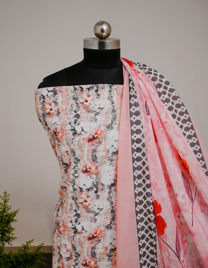 Abstract FLoral 3 Pcs Kurta Set - Pink