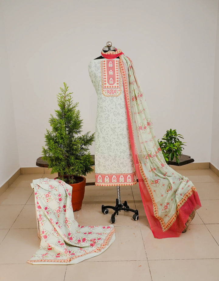 Green FLoral 3 Pcs Kurta Set