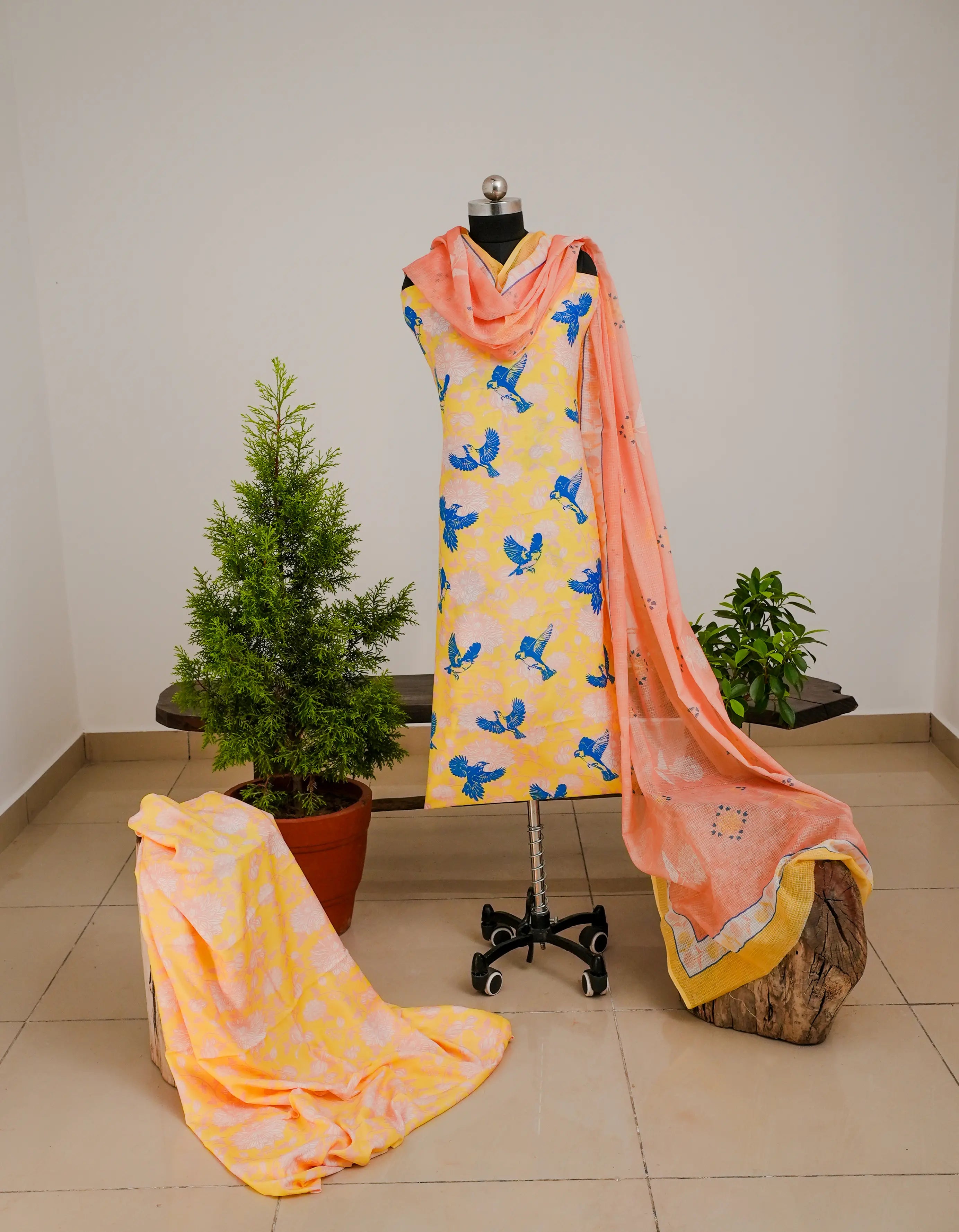 Bird with Flowers 3 Pcs Kurta Set- Yellow