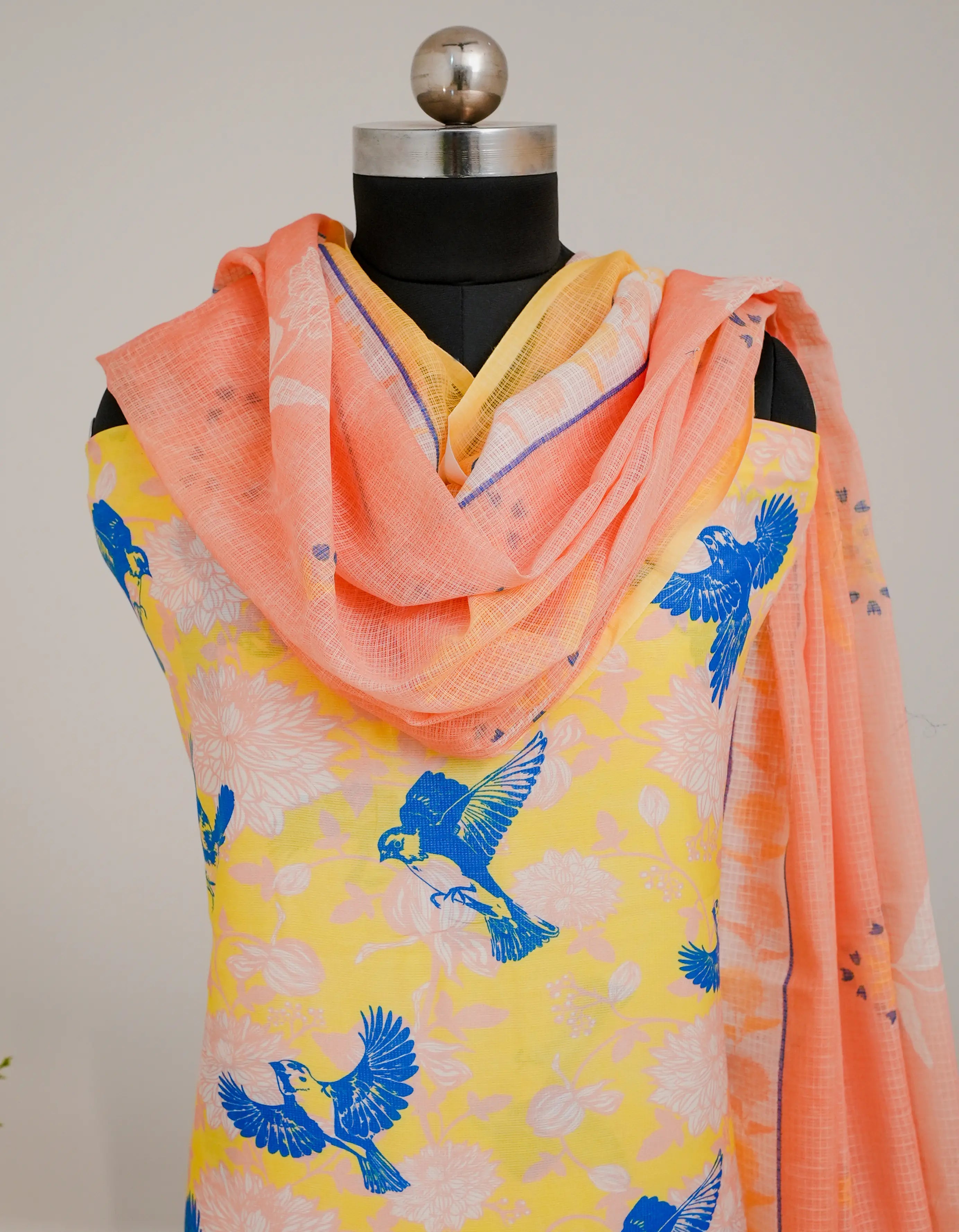 Bird with Flowers 3 Pcs Kurta Set- Yellow