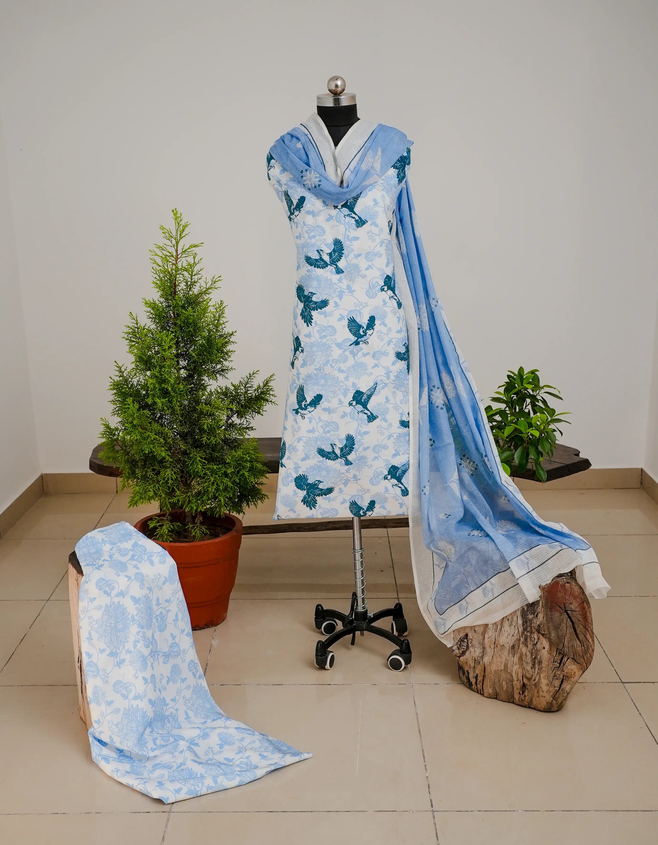 Bird with Flowers 3 Pcs Kurta Set - Blue