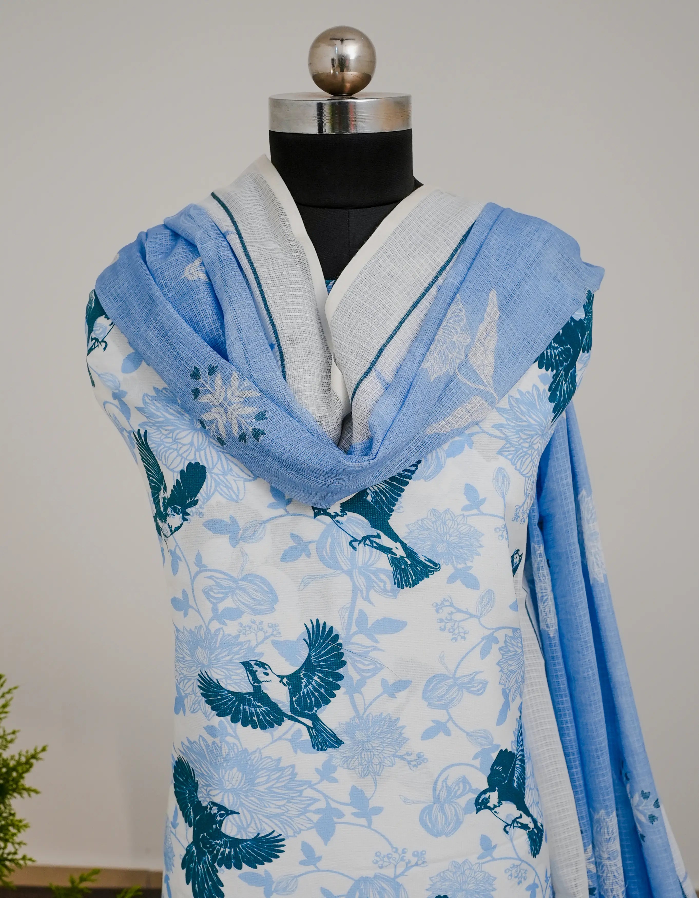 Bird with Flowers 3 Pcs Kurta Set - Blue