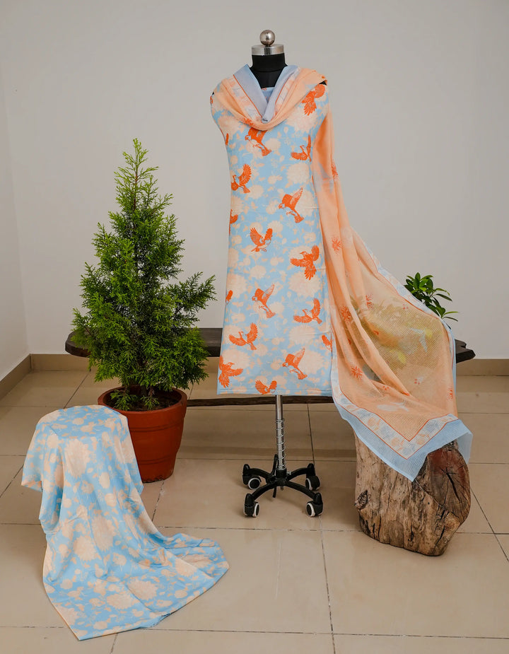Bird with Flowers 3 Pcs Kurta Set - Orange