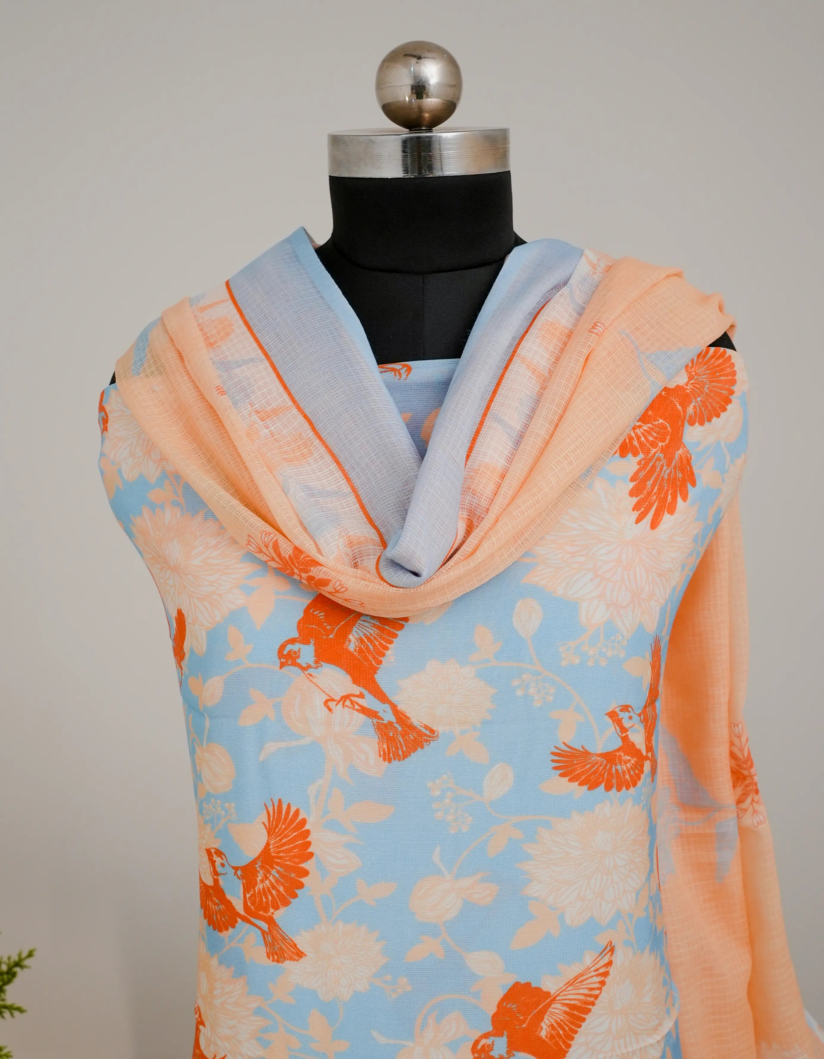 Bird with Flowers 3 Pcs Kurta Set - Orange