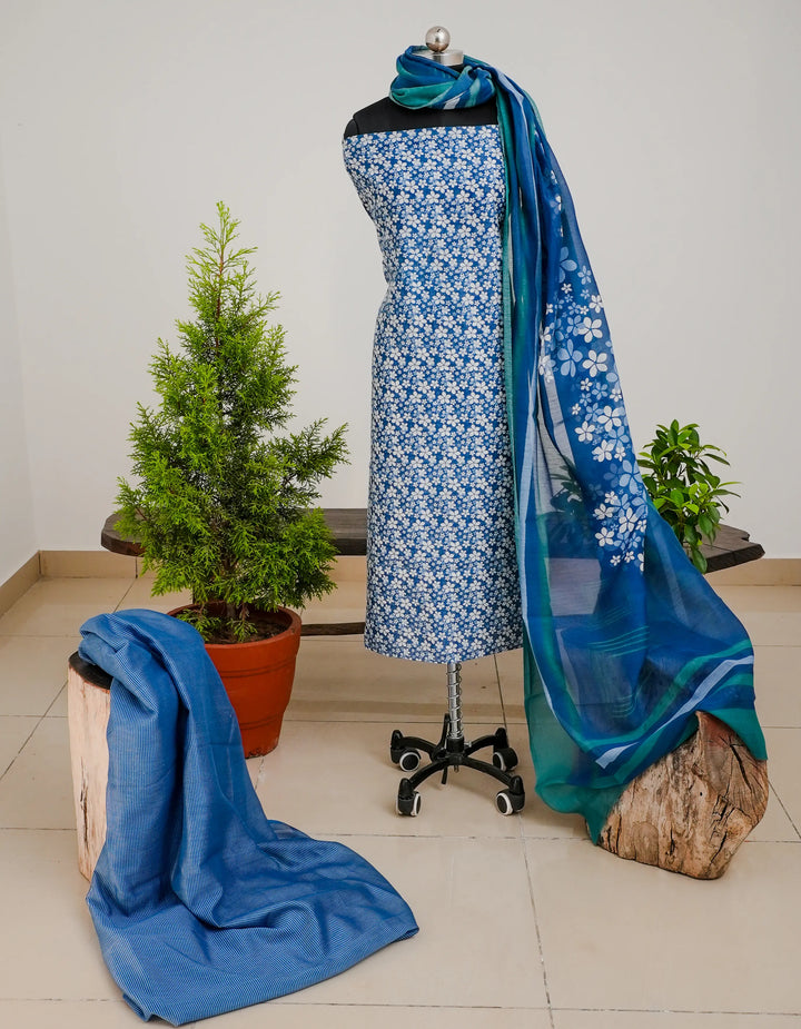 Blue White Flower 3 Pcs Kurta Set