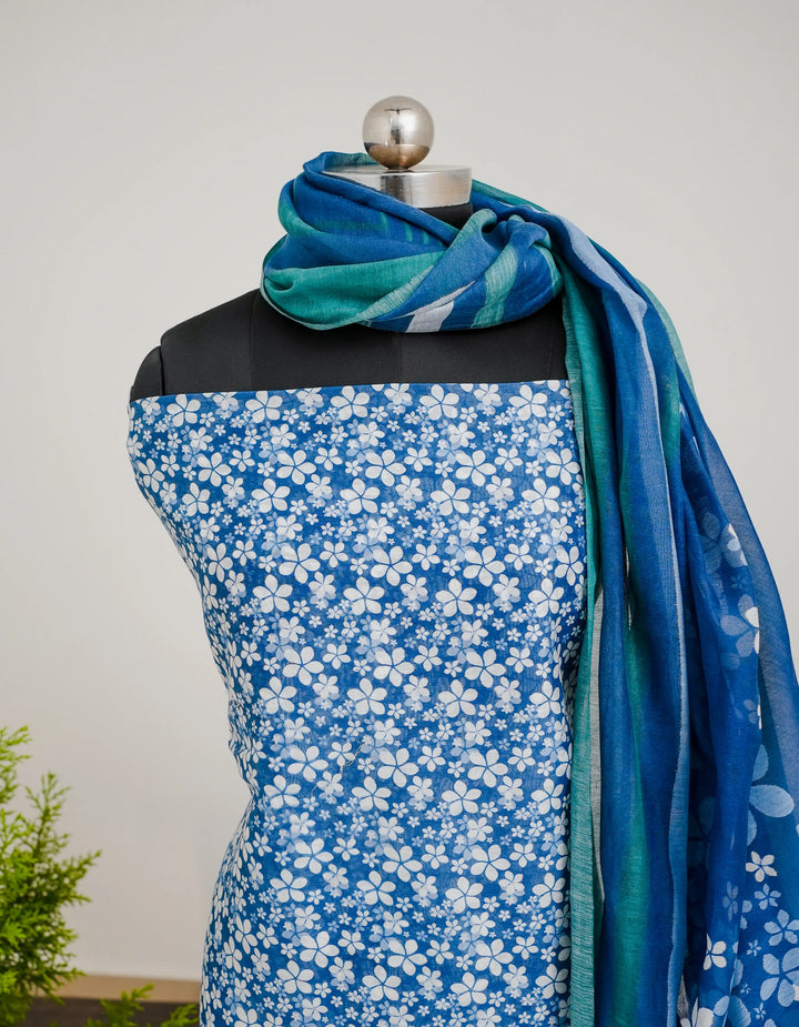 Blue White Flower 3 Pcs Kurta Set