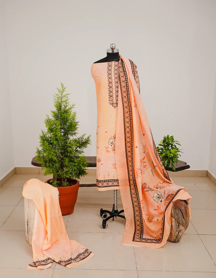 Vintage Floral 3 Pcs Kurta Set - Peach