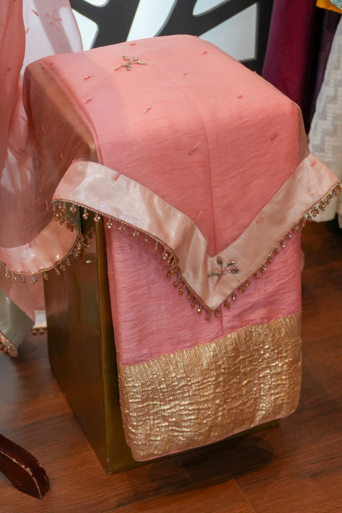 Dusty Rose & Gold 3D Floral Unstitched Three-Piece Set