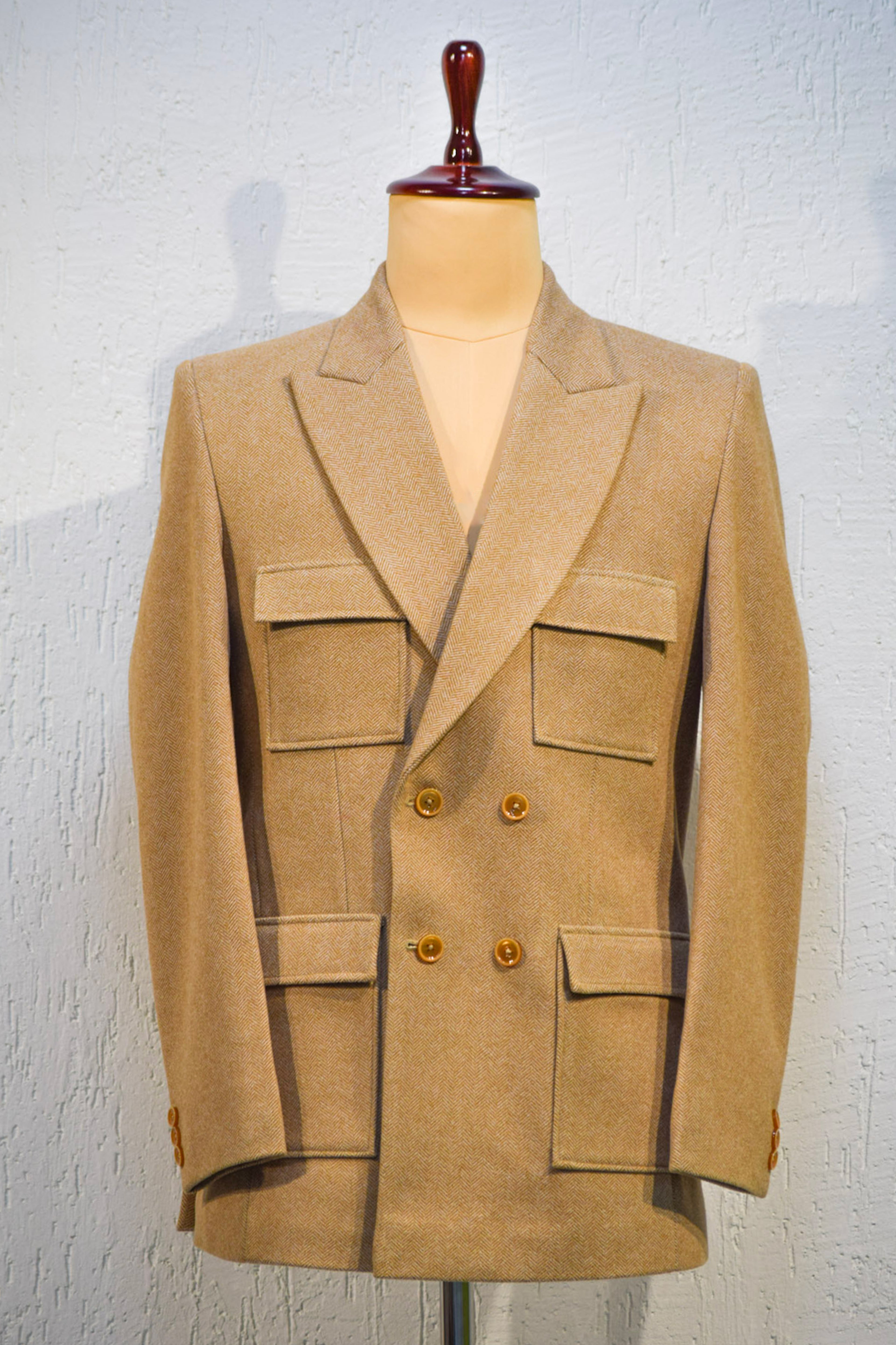 Tan Herringbone Double‑Breasted Blazer