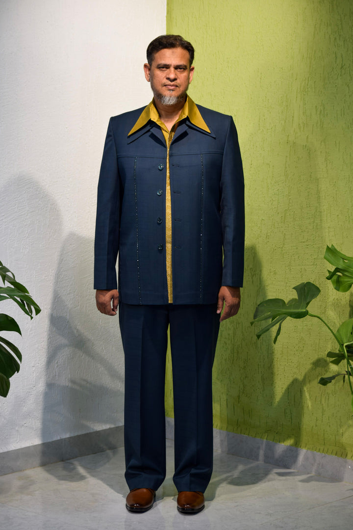 Dark Turquoise jacket with Mustard Embroidered shirt