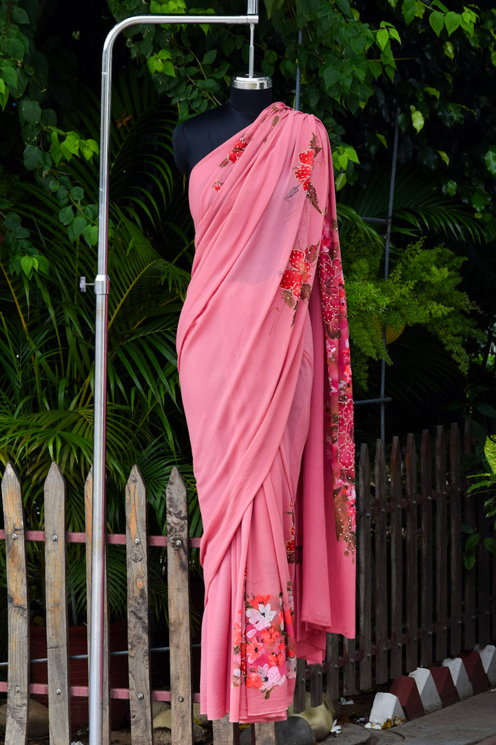 Rose Blush Hand-Painted Saree