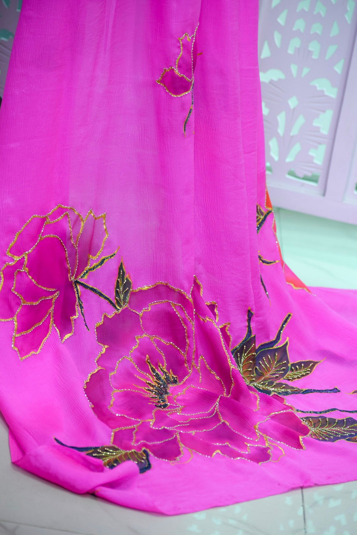 Teal Dupion Silk Suit Set with Hand-Painted Fuchsia Dupatta