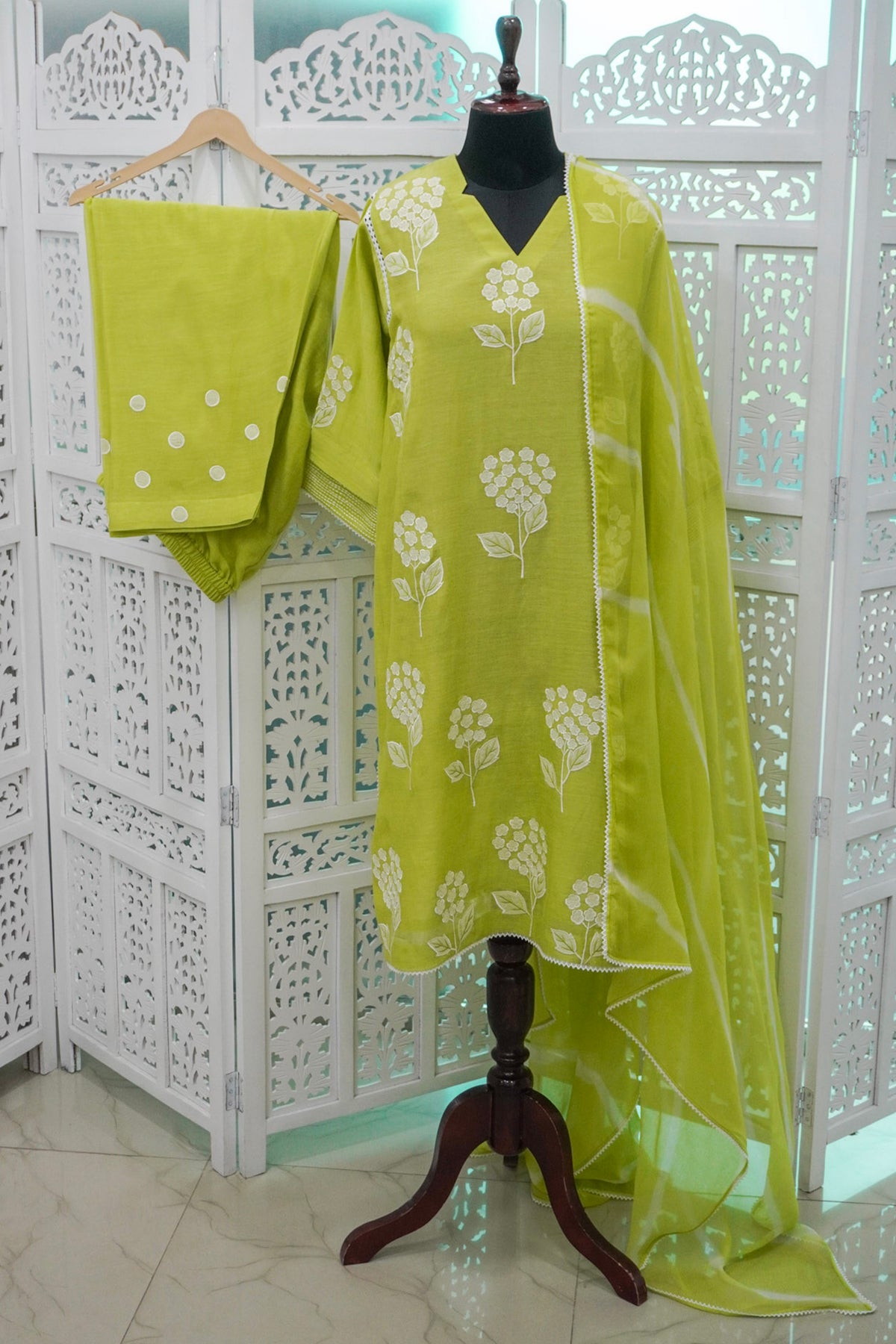 Lime-green three-piece suit set