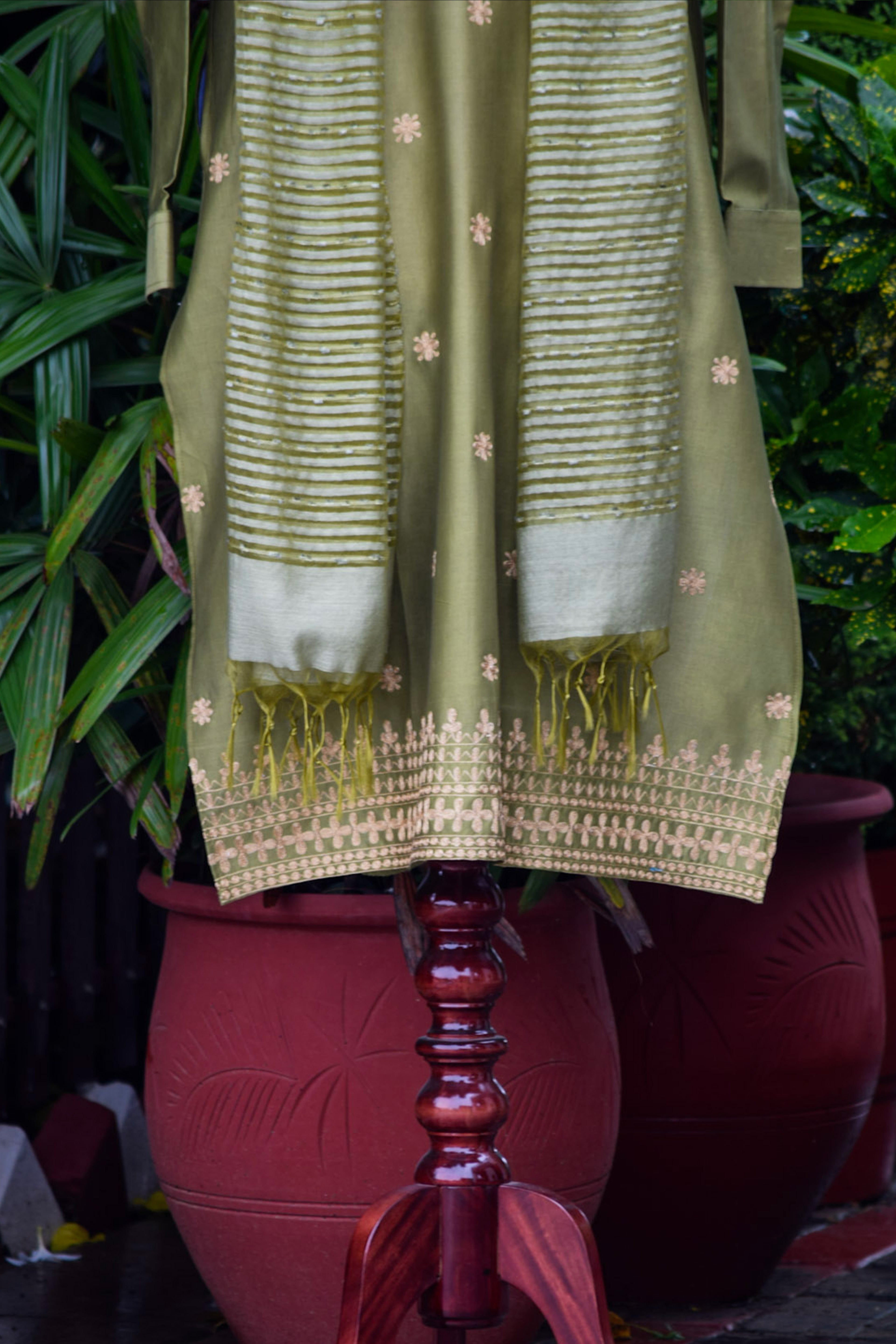 Olive Sage green Kurta set with Baghalpuri Silk Dupatta