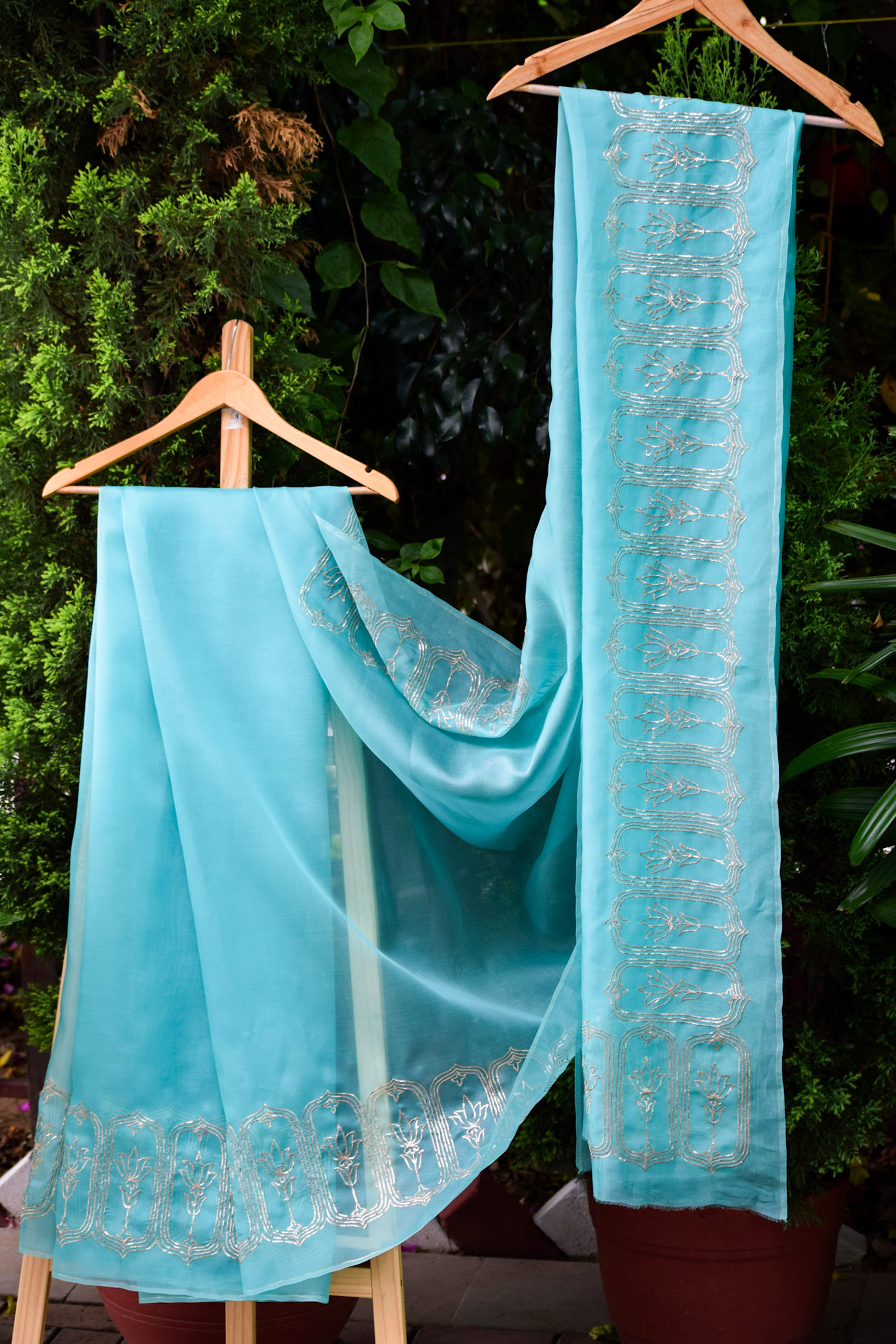 Vasundhara Sky Teal Organza Saree
