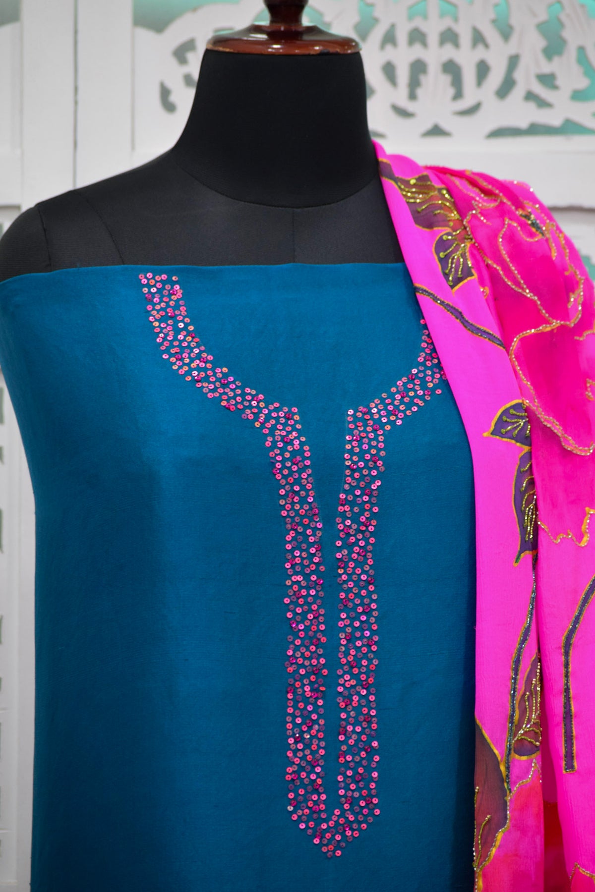 Teal Dupion Silk Suit Set with Hand-Painted Fuchsia Dupatta