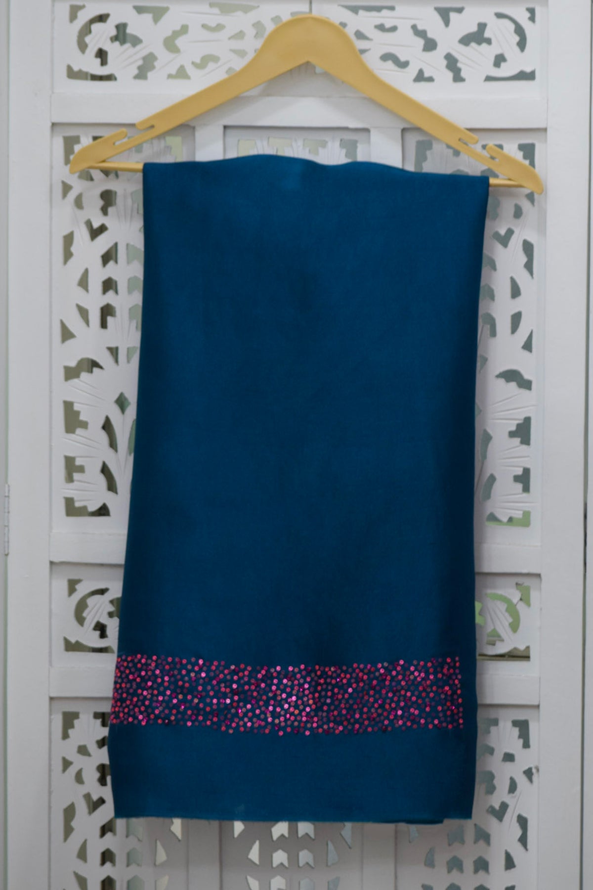 Teal Dupion Silk Suit Set with Hand-Painted Fuchsia Dupatta