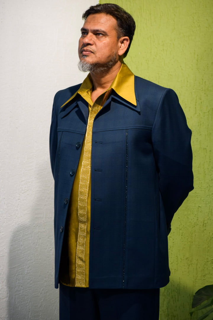 Dark Turquoise jacket with Mustard Embroidered shirt
