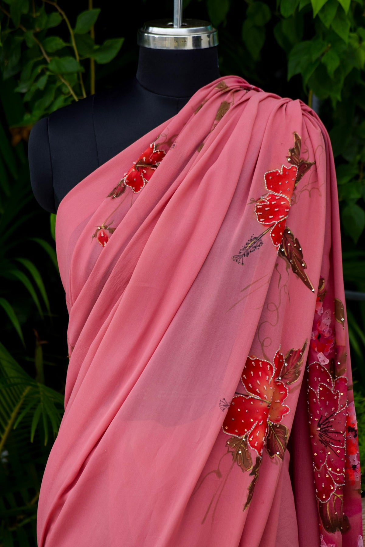 Rose Blush Hand-Painted Saree