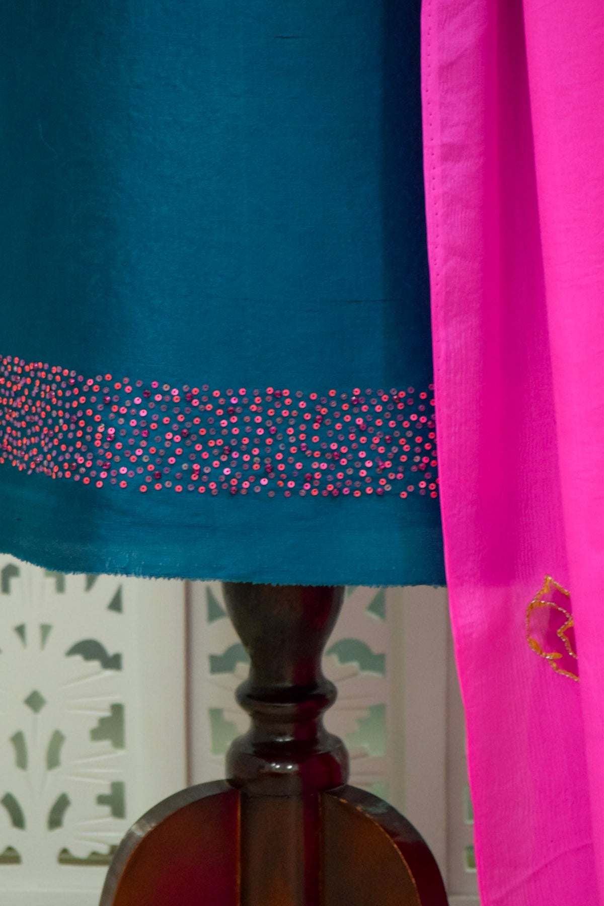 Teal Dupion Silk Suit Set with Hand-Painted Fuchsia Dupatta