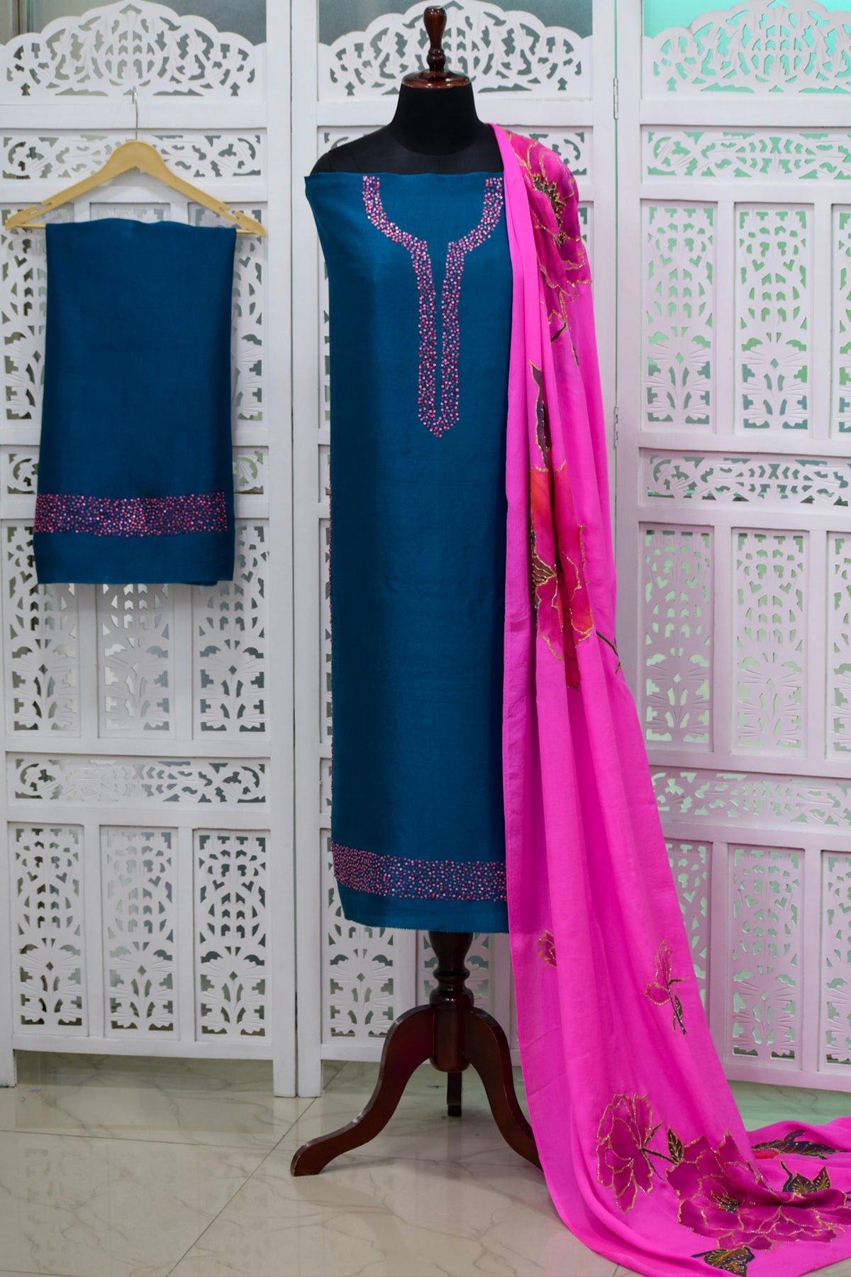 Teal Dupion Silk Suit Set with Hand-Painted Fuchsia Dupatta