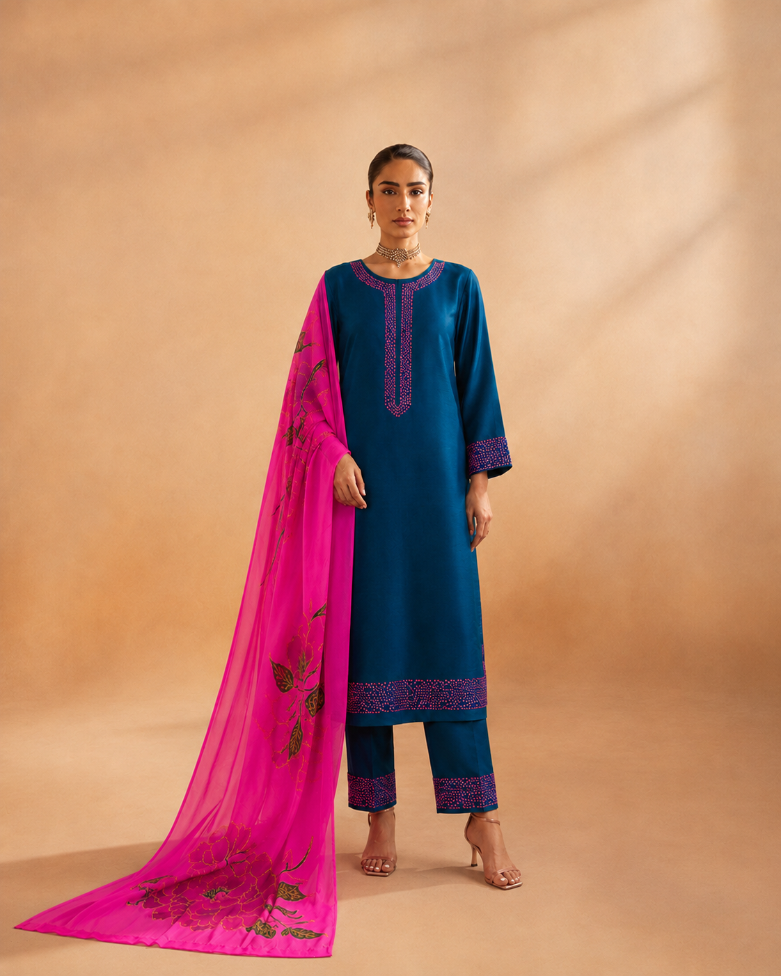 Teal Dupion Silk Suit Set with Hand-Painted Fuchsia Dupatta