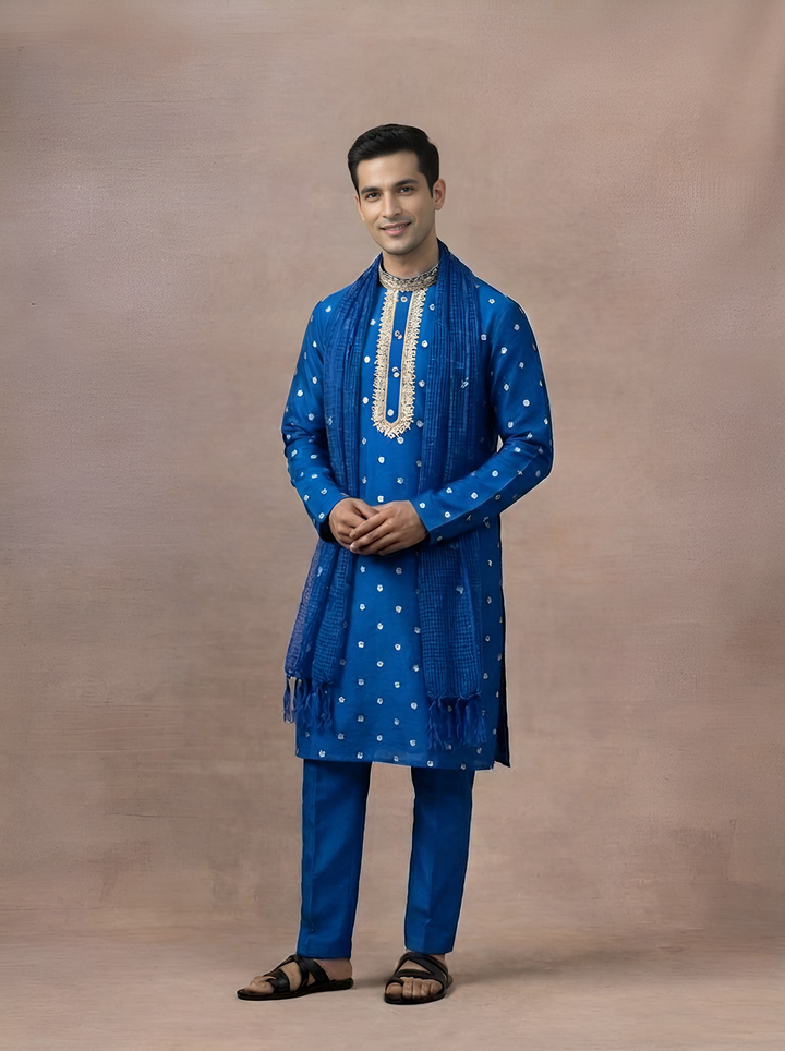 Royal Blue Chanderi Silk Kurta Pajama with Baghalpuri Silk Dupatta (BLUE)
