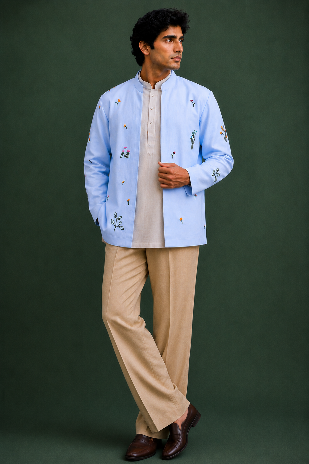 Powder blue jacket with kurta & Trouser