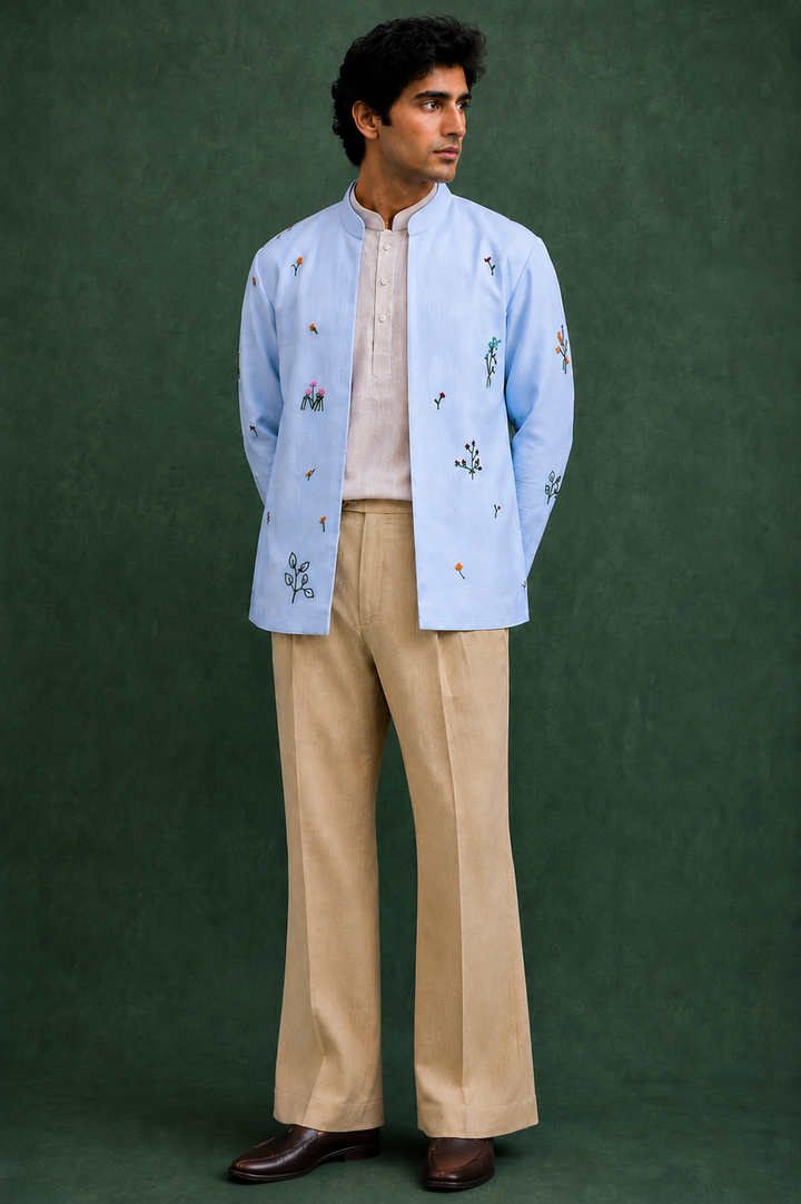 Powder blue jacket with kurta & Trouser