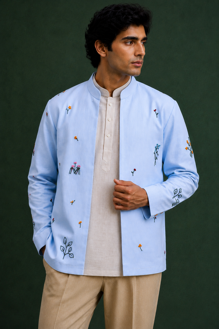 Powder blue jacket with kurta & Trouser