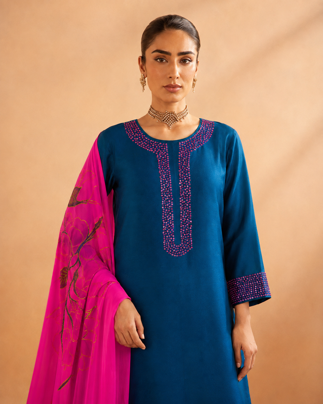 Teal Dupion Silk Suit Set with Hand-Painted Fuchsia Dupatta
