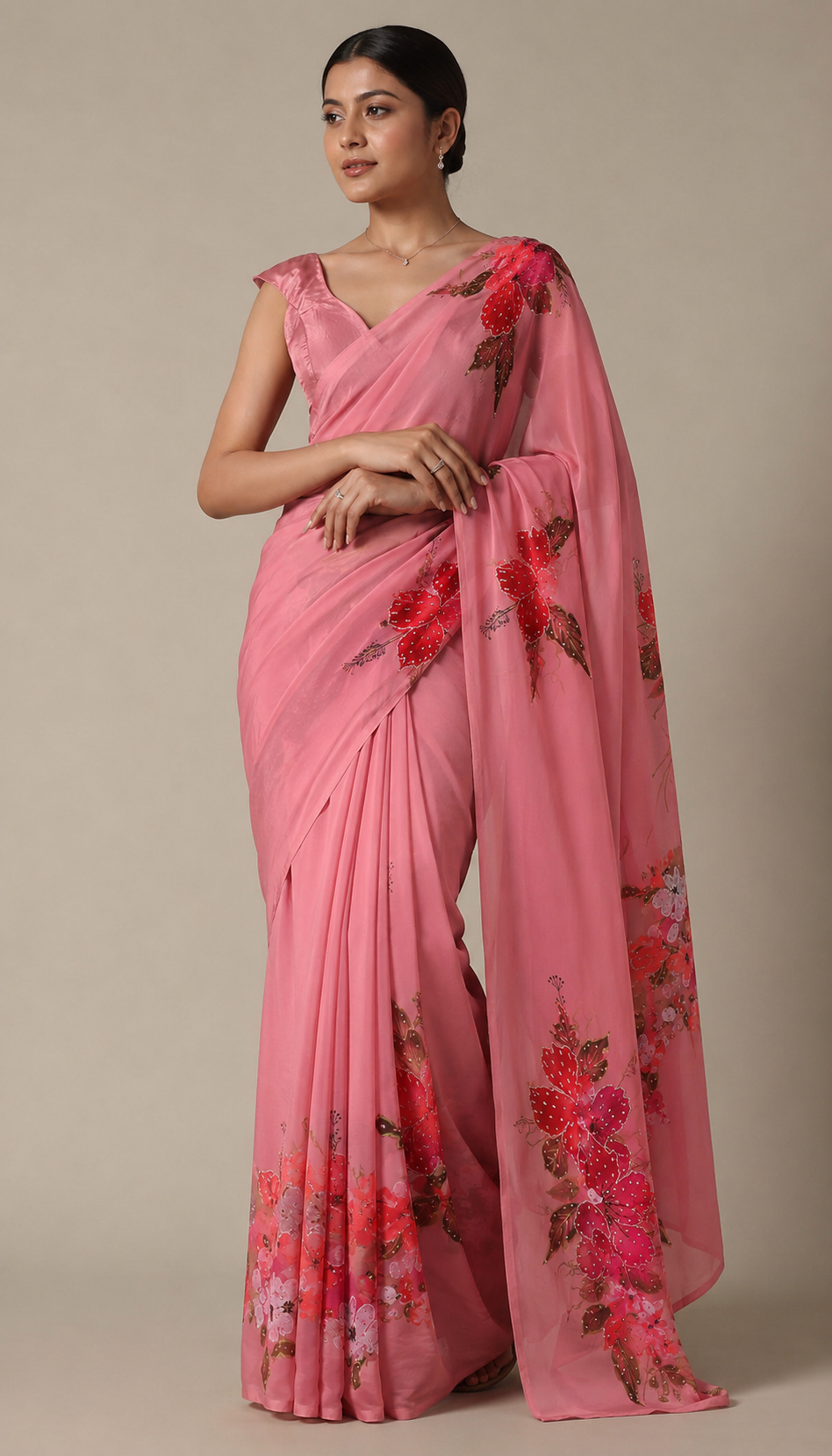 Rose Blush Hand-Painted Saree