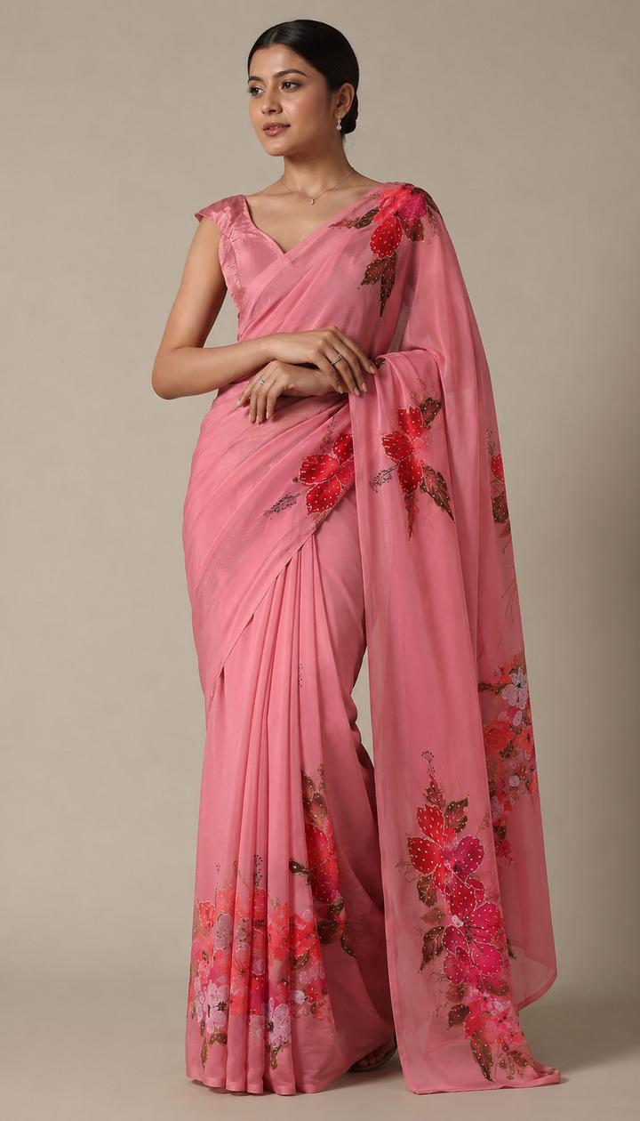 Rose Blush Hand-Painted Saree