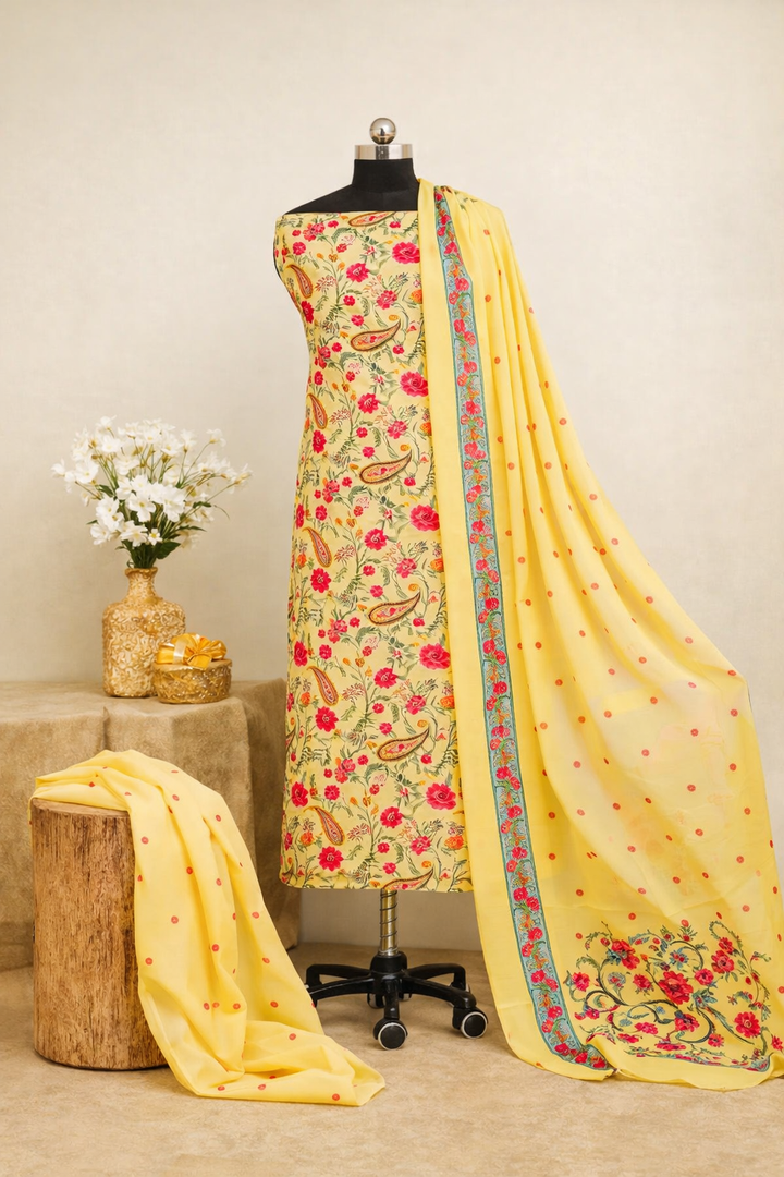 Mughal Florals 3 Pcs Kurta Set - Yellow