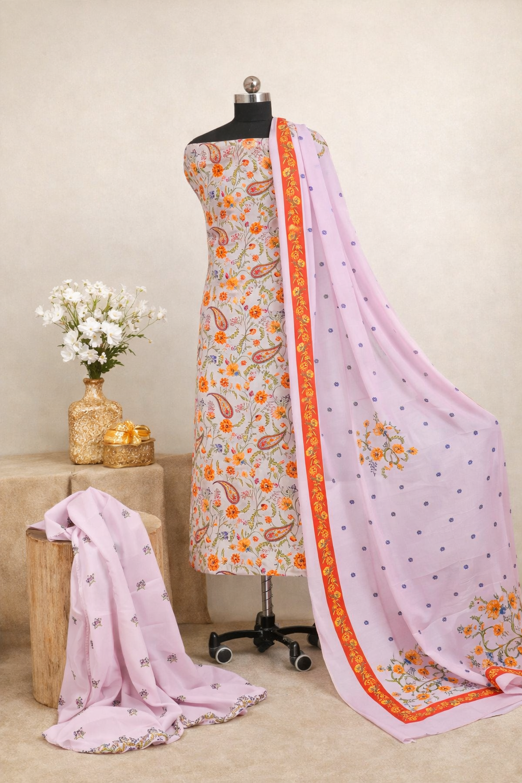 Mughal Florals 3 Pcs Kurta Set - Pink