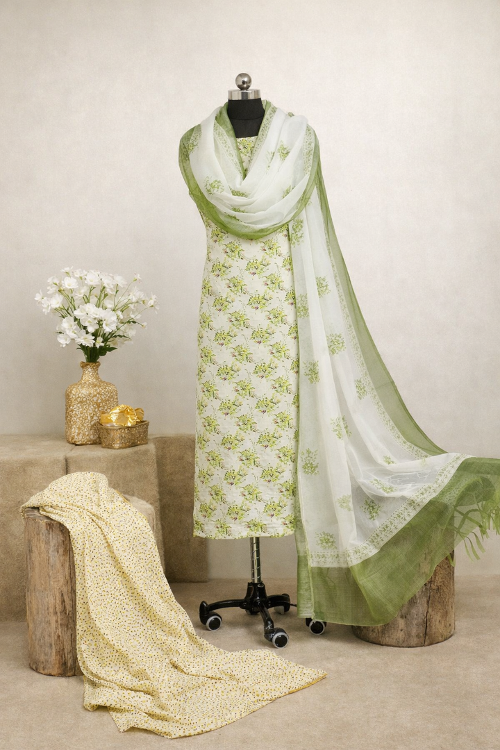Minimal Florals 3 Pcs Kurta Set - Green