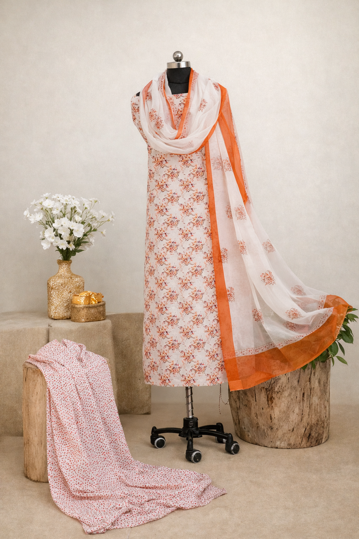 Minimal Florals 3 Pcs Kurta Set - Peach